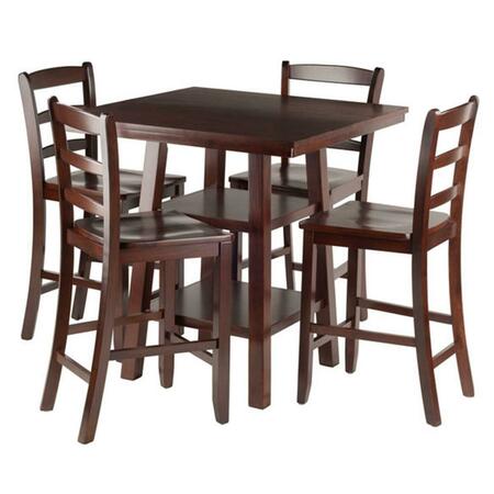 WINSOME TRADING 5 Piece Orlando High Table 2 Shelves with 4 Ladder Back Stools Set, Walnut 94542